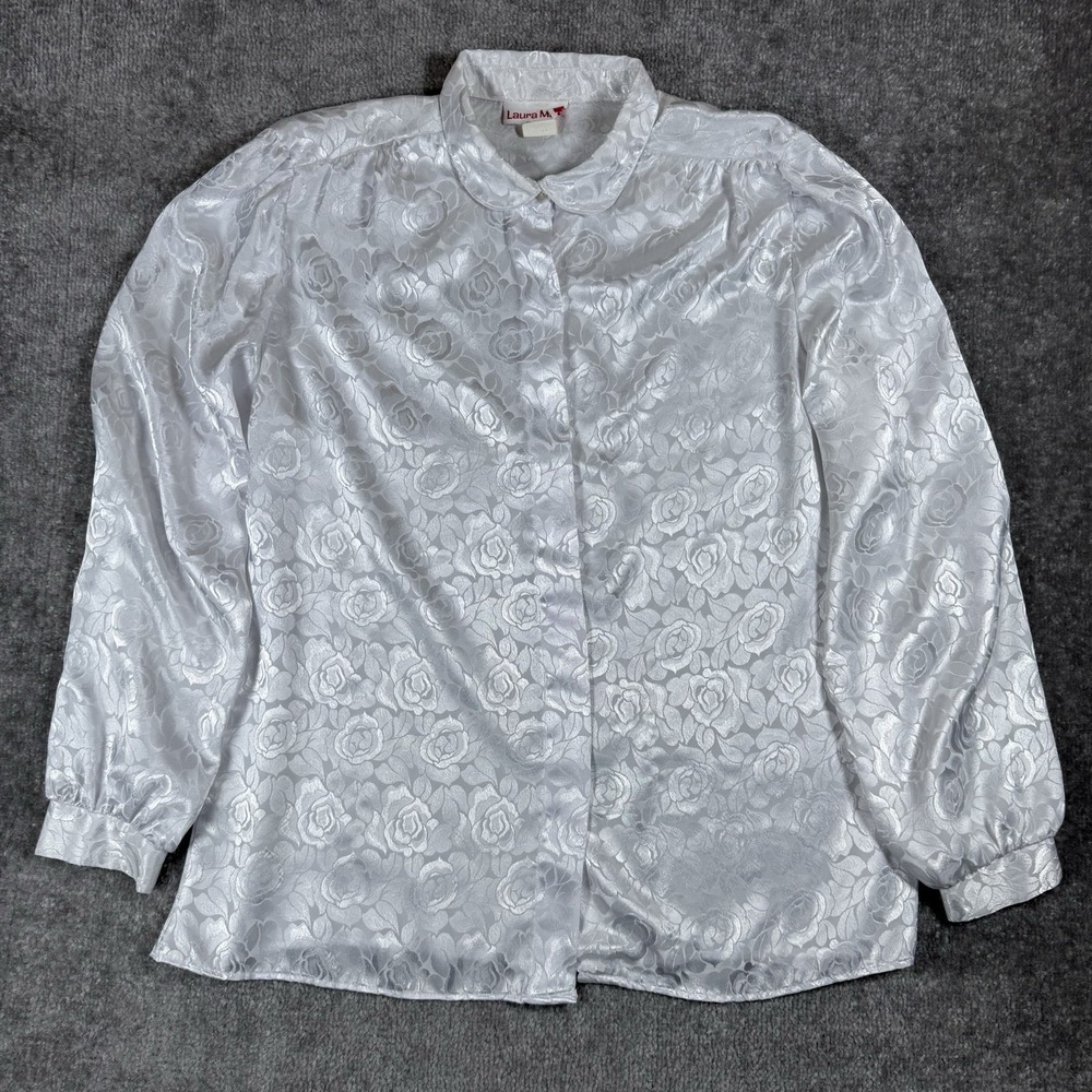 Vintage Laura Mae Blouse Women's 16 White Floral Jacquard Button Front Feminine
